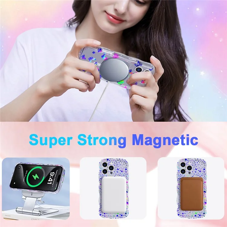 For iPhone 15 Pro Max Magnetic Case Wave Edge Glitter TPU Phone Back Cover - Laser Star