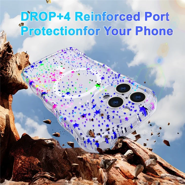 For iPhone 15 Pro Max Magnetic Case Wave Edge Glitter TPU Phone Back Cover - Laser Star