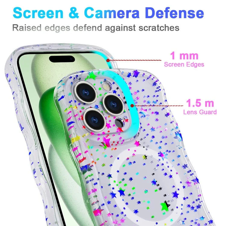 For iPhone 15 Pro Max Magnetic Case Wave Edge Glitter TPU Phone Back Cover - Laser Star