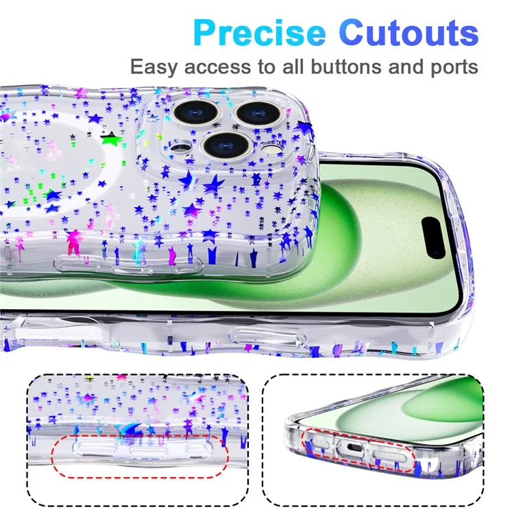 For iPhone 15 Pro Max Magnetic Case Wave Edge Glitter TPU Phone Back Cover - Laser Star