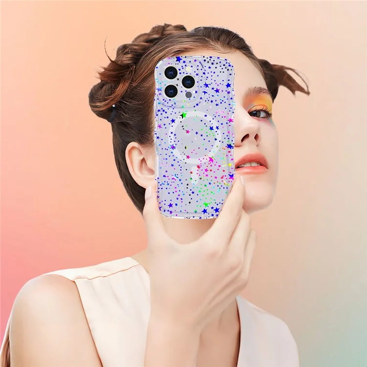 For iPhone 15 Pro Max Magnetic Case Wave Edge Glitter TPU Phone Back Cover - Laser Star