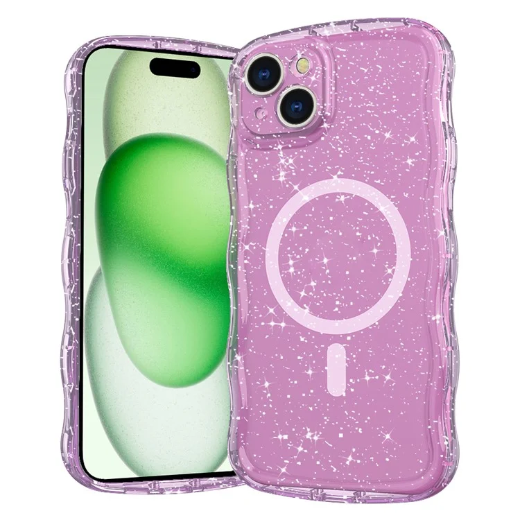 For iPhone 15 Plus Magnetic Case Wave Edge Glitter TPU Phone Back Cover - Clear Pink