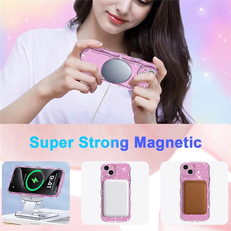 For iPhone 15 Plus Magnetic Case Wave Edge Glitter TPU Phone Back Cover - Clear Pink