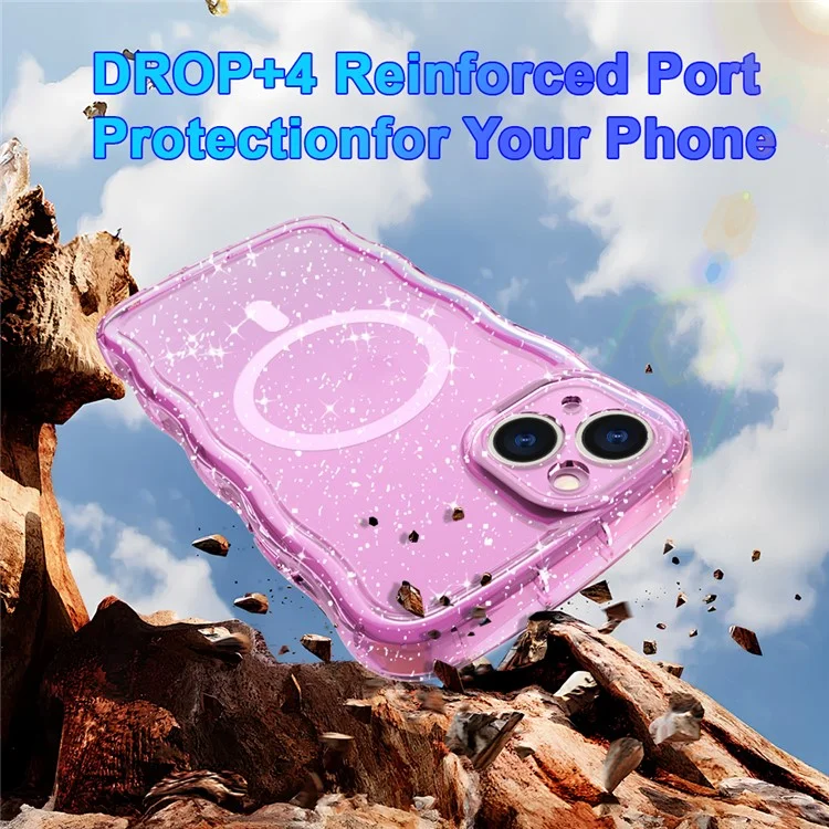 For iPhone 15 Plus Magnetic Case Wave Edge Glitter TPU Phone Back Cover - Clear Pink