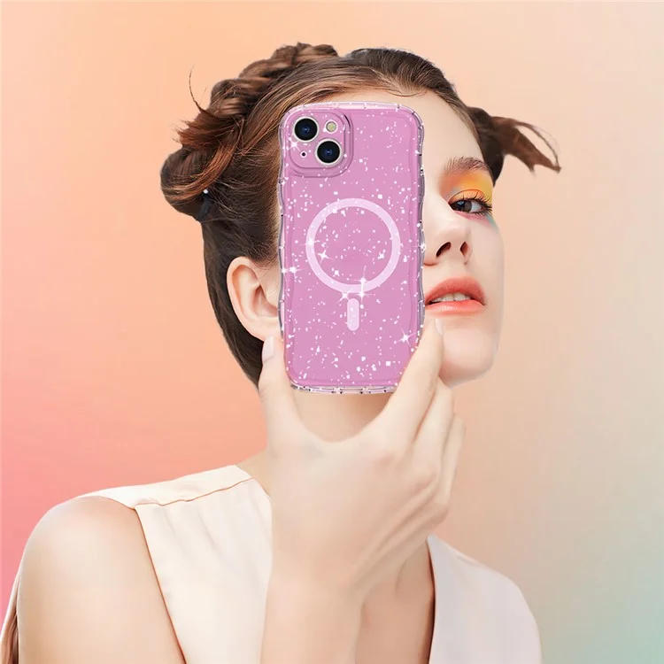 For iPhone 15 Plus Magnetic Case Wave Edge Glitter TPU Phone Back Cover - Clear Pink