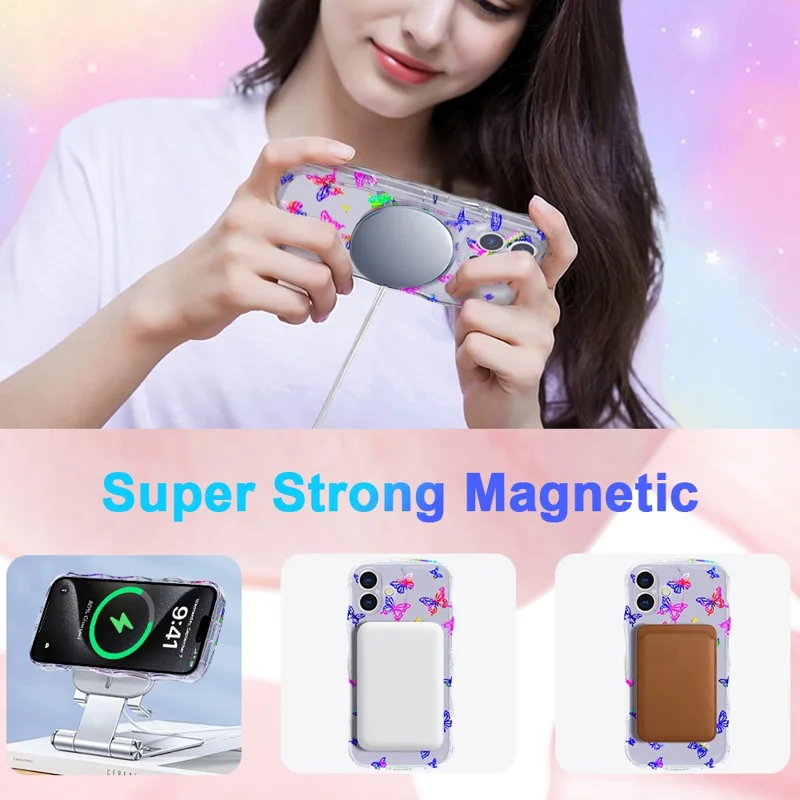 For iPhone 16 Magnetic Case Wave Edge Glitter TPU Phone Back Cover - Laser Butterfly