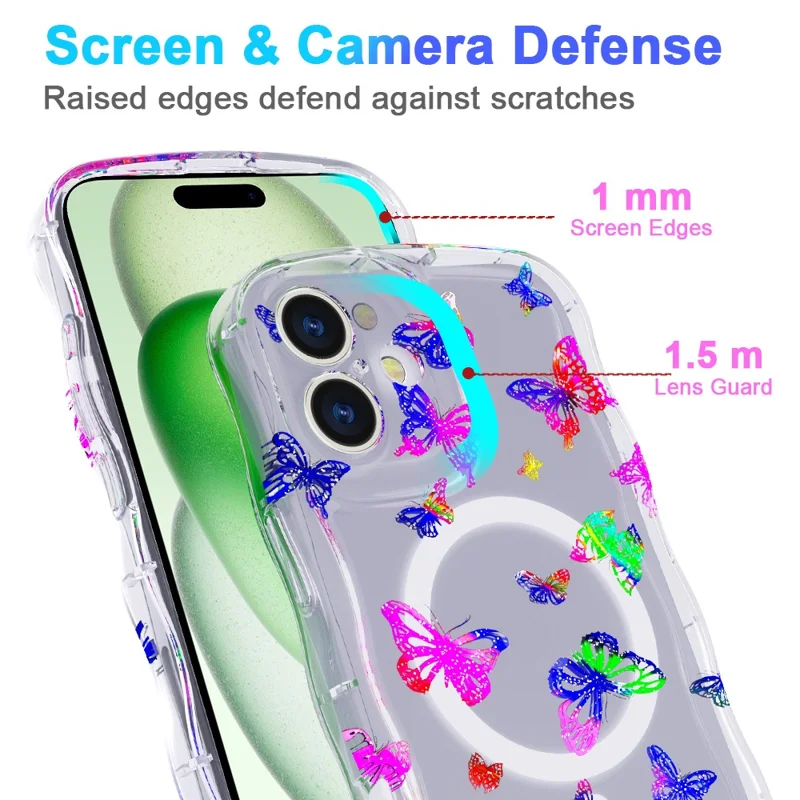 For iPhone 16 Magnetic Case Wave Edge Glitter TPU Phone Back Cover - Laser Butterfly