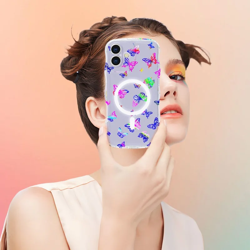 For iPhone 16 Magnetic Case Wave Edge Glitter TPU Phone Back Cover - Laser Butterfly