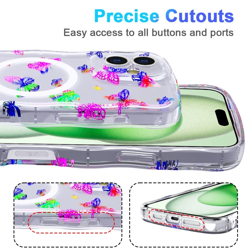 For iPhone 16 Plus Magnetic Case Wave Edge Glitter TPU Phone Back Cover - Laser Butterfly