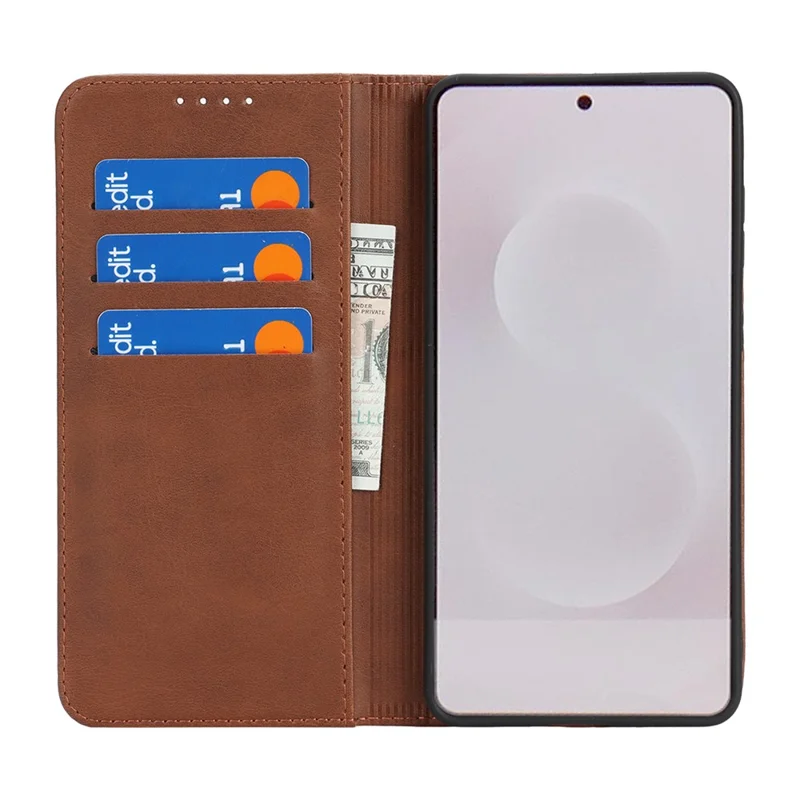 Per custodia Samsung Galaxy S25 Edge in pelle PU con texture vitello Chiusura magnetica Custodia smart phone - Marrone scuro