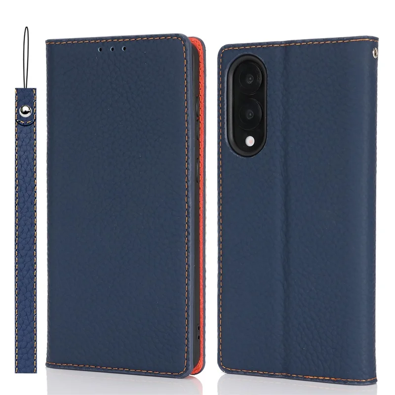 Für Samsung Galaxy S25 Edge Brieftasche Hülle Echtes Kuhlederbezug Handyhülle mit Litschitextur - Dunkelblau