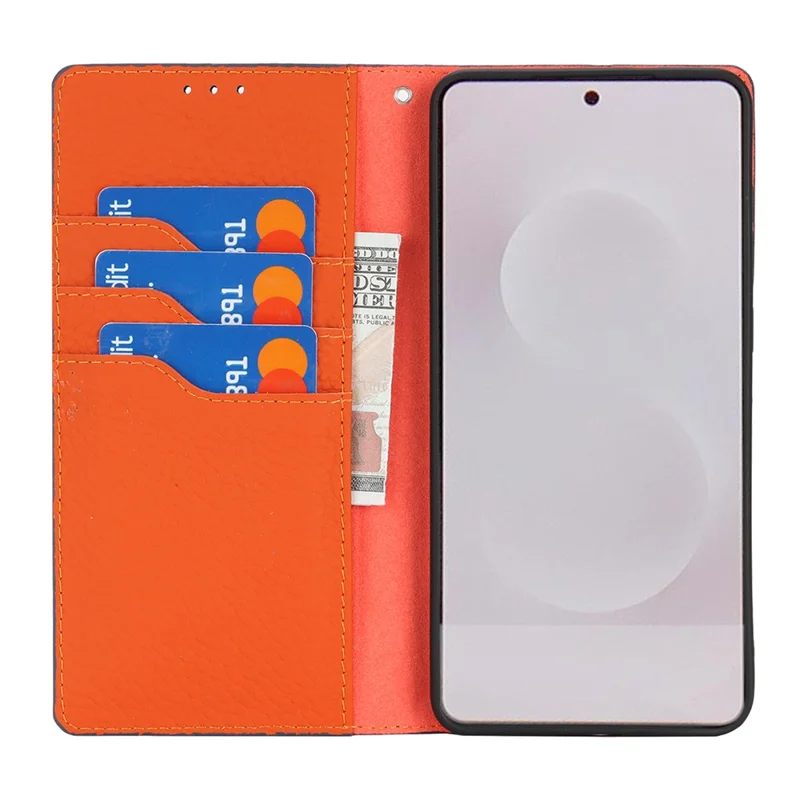 Für Samsung Galaxy S25 Edge Brieftasche Hülle Echtes Kuhlederbezug Handyhülle mit Litschitextur - Dunkelblau