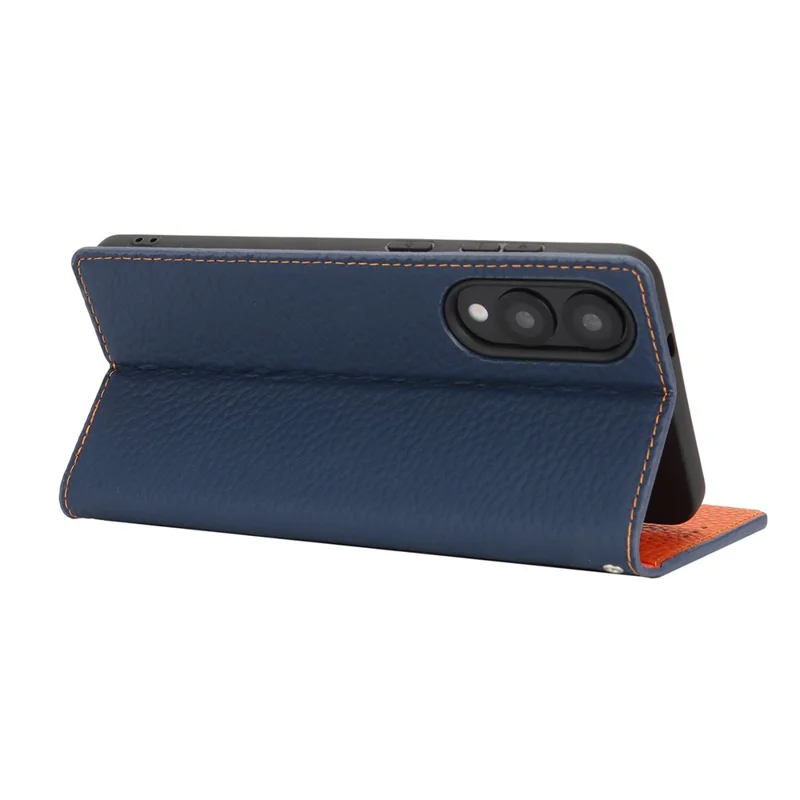Für Samsung Galaxy S25 Edge Brieftasche Hülle Echtes Kuhlederbezug Handyhülle mit Litschitextur - Dunkelblau