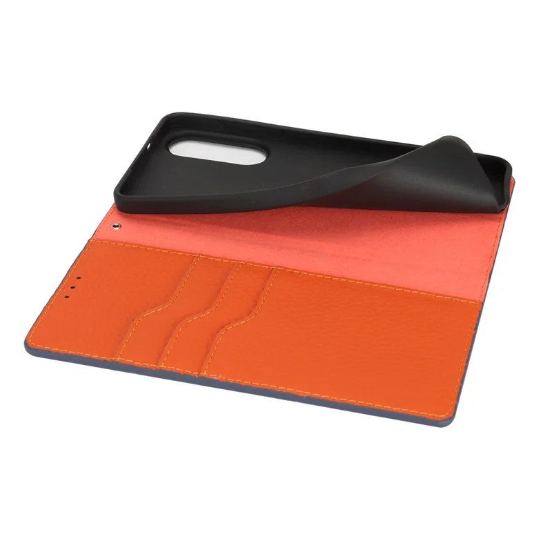 Für Samsung Galaxy S25 Edge Brieftasche Hülle Echtes Kuhlederbezug Handyhülle mit Litschitextur - Dunkelblau