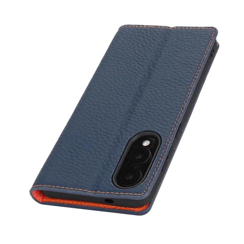 Für Samsung Galaxy S25 Edge Brieftasche Hülle Echtes Kuhlederbezug Handyhülle mit Litschitextur - Dunkelblau