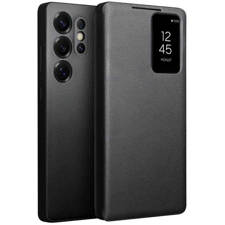 QIALINO For Samsung Galaxy S25 Ultra Case View Window Genuine Cow Leather Flip Phone Cover - Black
