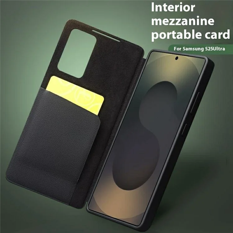 QIALINO For Samsung Galaxy S25 Ultra Case View Window Genuine Cow Leather Flip Phone Cover - Black