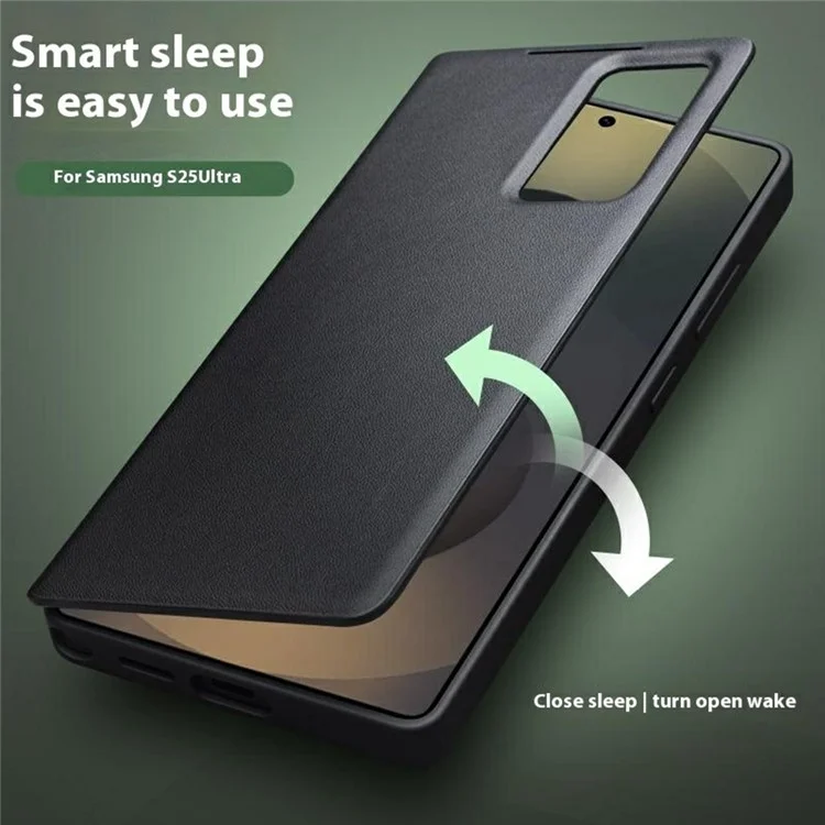 QIALINO For Samsung Galaxy S25 Ultra Case View Window Genuine Cow Leather Flip Phone Cover - Black