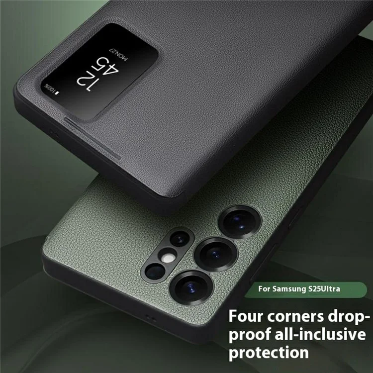 QIALINO For Samsung Galaxy S25 Ultra Case View Window Genuine Cow Leather Flip Phone Cover - Black