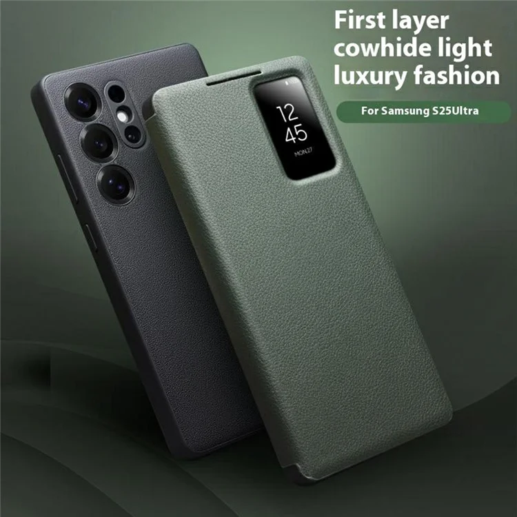 QIALINO For Samsung Galaxy S25 Ultra Case View Window Genuine Cow Leather Flip Phone Cover - Black