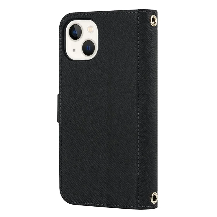For iPhone 15 Stand Case Cross Texture PU Leather Wallet Phone Cover with Shoulder Strap / Makeup Mirror - Black