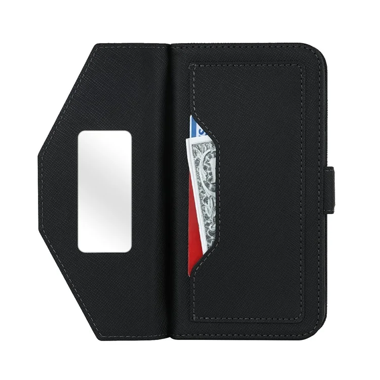 For iPhone 15 Stand Case Cross Texture PU Leather Wallet Phone Cover with Shoulder Strap / Makeup Mirror - Black