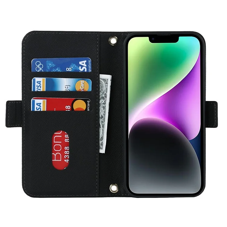 For iPhone 15 Stand Case Cross Texture PU Leather Wallet Phone Cover with Shoulder Strap / Makeup Mirror - Black