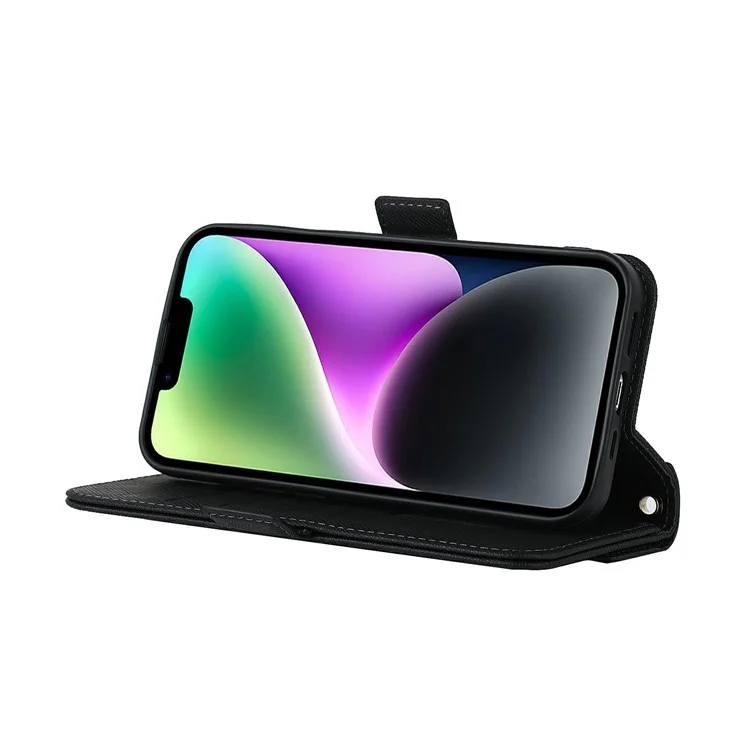 For iPhone 15 Stand Case Cross Texture PU Leather Wallet Phone Cover with Shoulder Strap / Makeup Mirror - Black