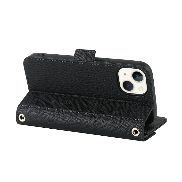 For iPhone 15 Stand Case Cross Texture PU Leather Wallet Phone Cover with Shoulder Strap / Makeup Mirror - Black
