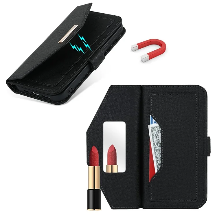 For iPhone 15 Stand Case Cross Texture PU Leather Wallet Phone Cover with Shoulder Strap / Makeup Mirror - Black