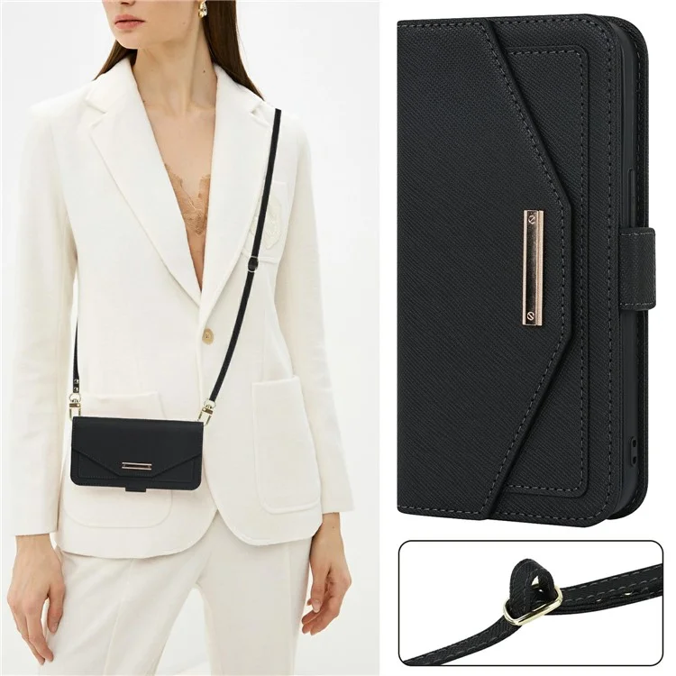 For iPhone 15 Stand Case Cross Texture PU Leather Wallet Phone Cover with Shoulder Strap / Makeup Mirror - Black