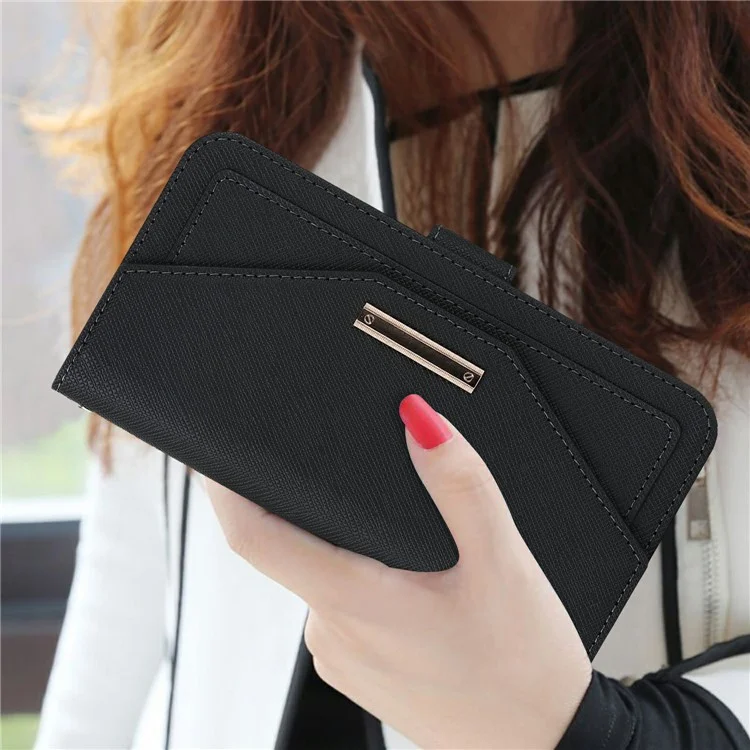 For iPhone 15 Stand Case Cross Texture PU Leather Wallet Phone Cover with Shoulder Strap / Makeup Mirror - Black