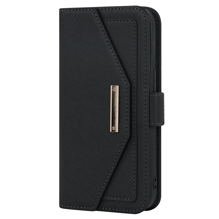 For iPhone 15 Stand Case Cross Texture PU Leather Wallet Phone Cover with Shoulder Strap / Makeup Mirror - Black
