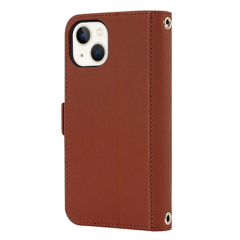 For iPhone 15 Stand Case Cross Texture PU Leather Wallet Phone Cover with Shoulder Strap / Makeup Mirror - Brown