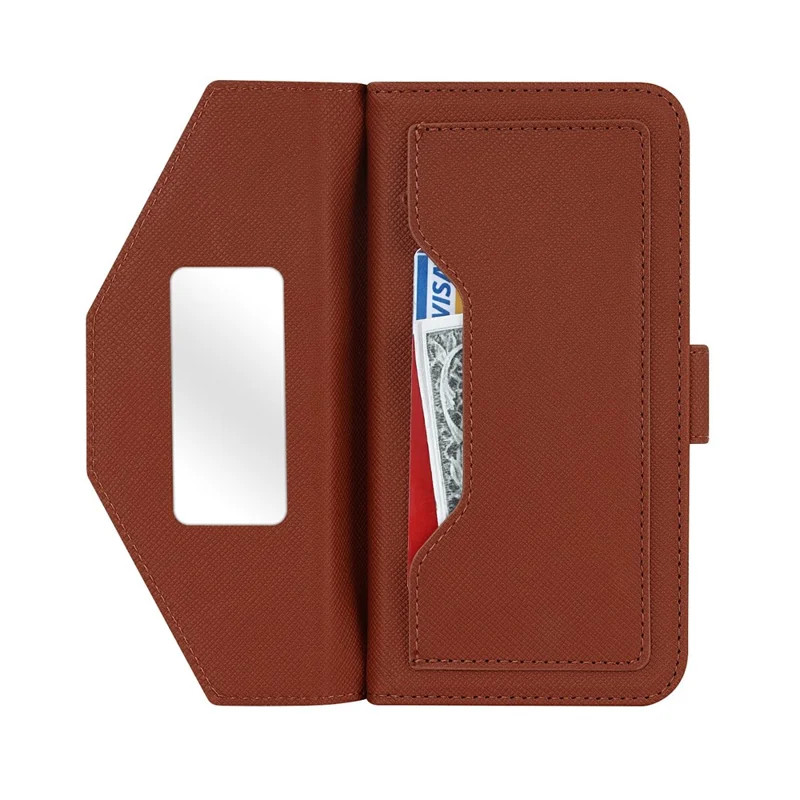 For iPhone 15 Stand Case Cross Texture PU Leather Wallet Phone Cover with Shoulder Strap / Makeup Mirror - Brown