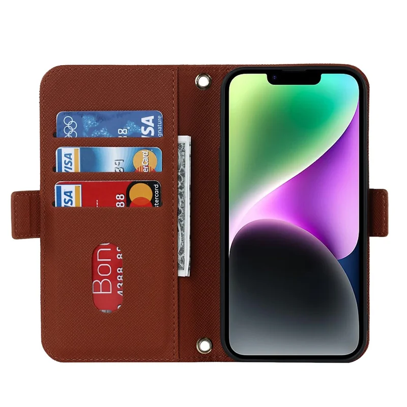 For iPhone 15 Stand Case Cross Texture PU Leather Wallet Phone Cover with Shoulder Strap / Makeup Mirror - Brown