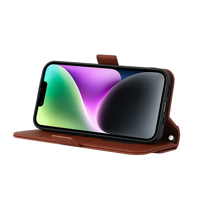 For iPhone 15 Stand Case Cross Texture PU Leather Wallet Phone Cover with Shoulder Strap / Makeup Mirror - Brown