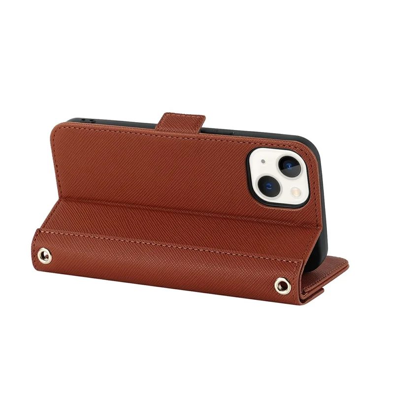 For iPhone 15 Stand Case Cross Texture PU Leather Wallet Phone Cover with Shoulder Strap / Makeup Mirror - Brown