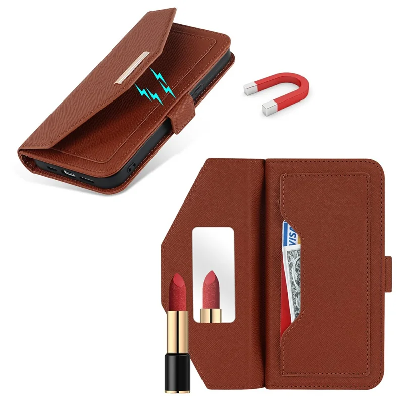 For iPhone 15 Stand Case Cross Texture PU Leather Wallet Phone Cover with Shoulder Strap / Makeup Mirror - Brown
