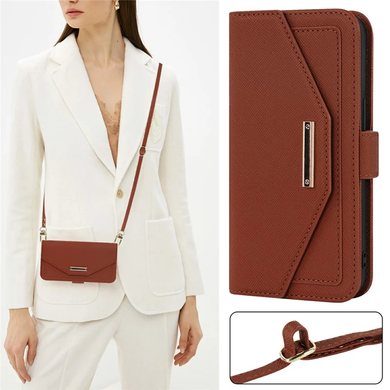 For iPhone 15 Stand Case Cross Texture PU Leather Wallet Phone Cover with Shoulder Strap / Makeup Mirror - Brown