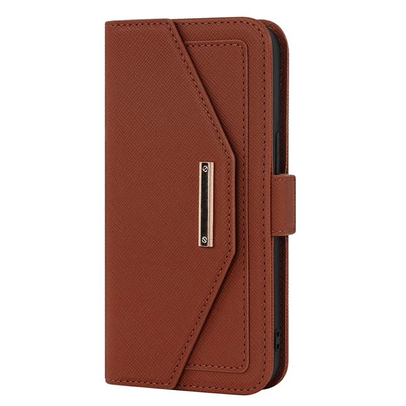 For iPhone 15 Stand Case Cross Texture PU Leather Wallet Phone Cover with Shoulder Strap / Makeup Mirror - Brown