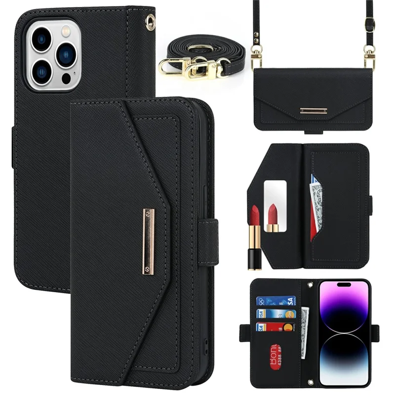 For iPhone 15 Pro Stand Case Cross Texture PU Leather Wallet Phone Cover with Shoulder Strap / Makeup Mirror - Black