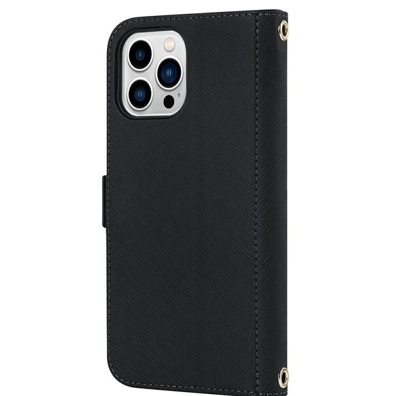 For iPhone 15 Pro Stand Case Cross Texture PU Leather Wallet Phone Cover with Shoulder Strap / Makeup Mirror - Black