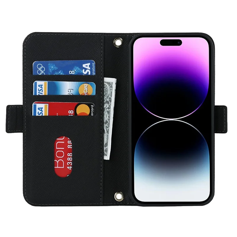 For iPhone 15 Pro Stand Case Cross Texture PU Leather Wallet Phone Cover with Shoulder Strap / Makeup Mirror - Black