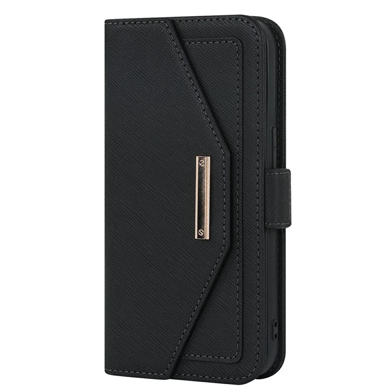 For iPhone 15 Pro Stand Case Cross Texture PU Leather Wallet Phone Cover with Shoulder Strap / Makeup Mirror - Black
