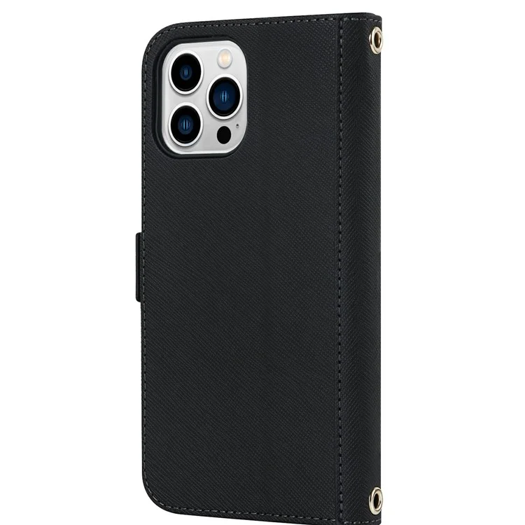 For iPhone 15 Pro Max Stand Case Cross Texture PU Leather Wallet Phone Cover with Shoulder Strap / Makeup Mirror - Black