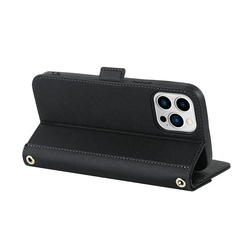 For iPhone 15 Pro Max Stand Case Cross Texture PU Leather Wallet Phone Cover with Shoulder Strap / Makeup Mirror - Black
