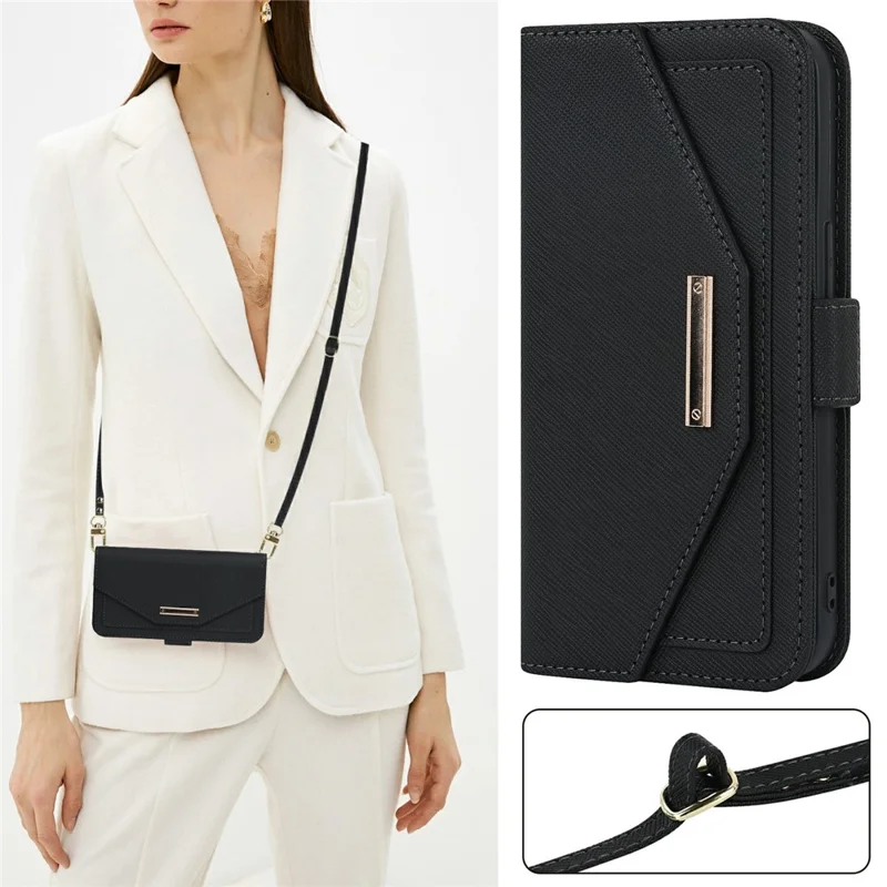 For iPhone 15 Pro Max Stand Case Cross Texture PU Leather Wallet Phone Cover with Shoulder Strap / Makeup Mirror - Black