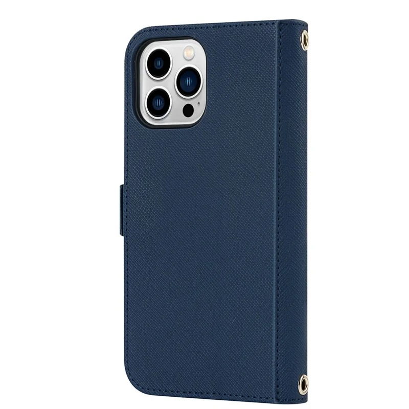 For iPhone 15 Pro Max Stand Case Cross Texture PU Leather Wallet Phone Cover with Shoulder Strap / Makeup Mirror - Blue