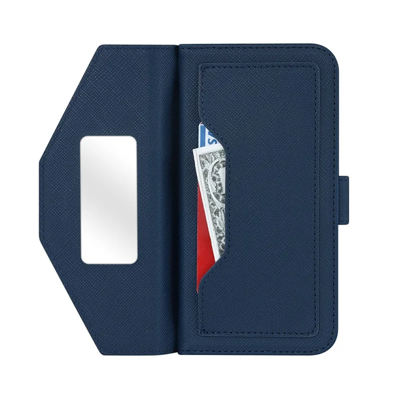 For iPhone 15 Pro Max Stand Case Cross Texture PU Leather Wallet Phone Cover with Shoulder Strap / Makeup Mirror - Blue